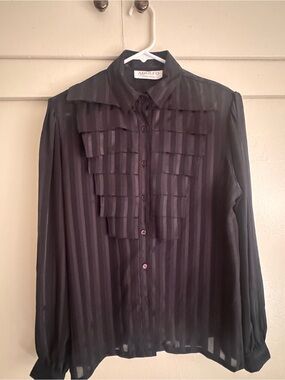 Adolfo Black Sheer Striped Ruffle-Front Button Down Blouse